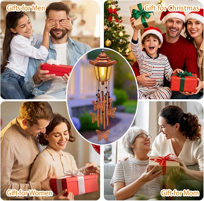 Large Solar Butterfly Wind Chimes with Wind Catcher/Solar Decor Light to Create a Zen Atmosphere Suitable for Outdoor, Garden, Patio Decor Classic Bronze Wind Chimes as A Memorial Gift for Unisex