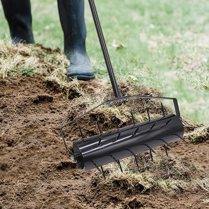 18 Inch Heavy Duty Rolling Lawn Aerator, Adjustable Weight Manual Roller Lawn Aerator Tool with Pre-Welded Spike, Hand Roller Soil Aerator for Garden Yard Lawn Grass Care with 49 Inch Steel Handle