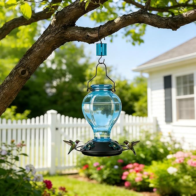 Glass Hummingbird Feeders for Outdoors Hanging, 24oz Wild Bird Nectar Feeder with Ant Moat and 360° Perch, Bee-Resistant Ports,Outside Garden Decor,Colorful Gifts for Women Mom, 1 Pack, Blue