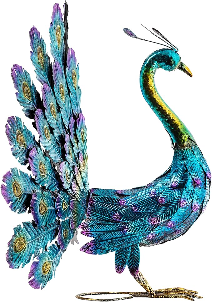 Alpine Corporation 23" Tall Outdoor Metallic Peacock Tail Spread Yard Statue, Vibrant Garden Sculpture for Patio, Lawn, or Entryway, Multicolor