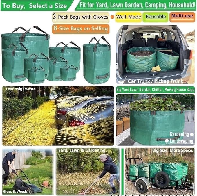 Professional 3-Pack 63 Gallon Lawn Garden Bags Large (D31,H19 inch) Yard Waste Bags W/Gardening Gloves,Standable,Reusable Leaf Bag,Lawn Debris Bin,Garden Trash Container,Plant Trimmings Bag 4 Handles