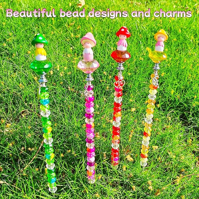 102 Pcs Fairy Garden Accessories Outdoor Kit - DIY Fairy Wand Beaded Garden Stakes Decorative Kit with Miniature Mushrooms Figurine for Different Festivals, Beadable Items(Mushrooms)