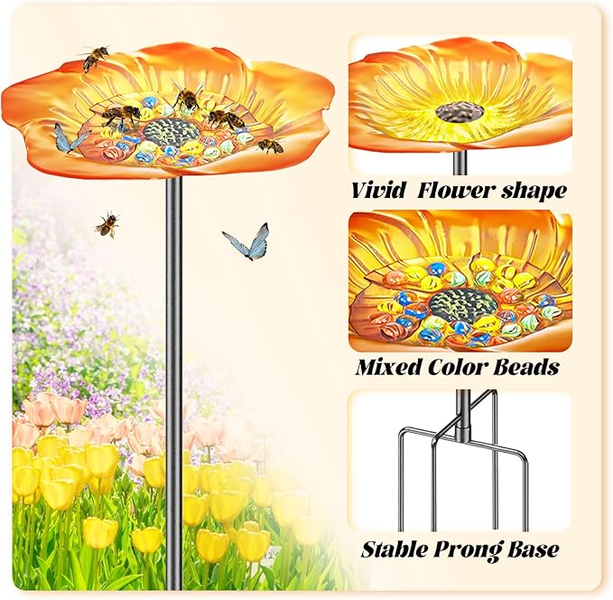 Bee Butterfly Watering Station, 4 Prongs Base Stake Butterfly Bee Feeder for Garden with Glass Marbles, Bee Bath with Vivid Flower Design for Garden Yard Patio Decor (Orang Yellow)
