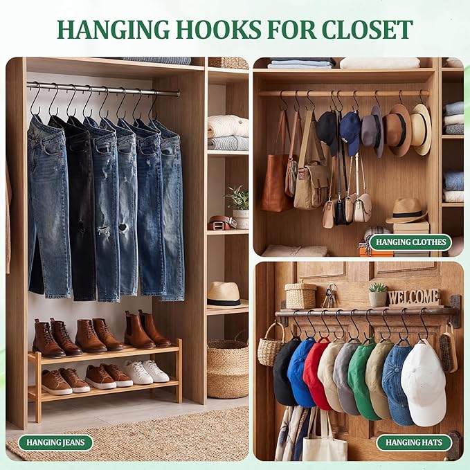 24 Pack 6 Inch Black S Hooks for Hanging Pots and Pans, Vinyl Coated Metal Kitchen Pot Rack Hooks Heavy Duty Hangers for Closet Jeans Utensils Coffee Mugs Plants