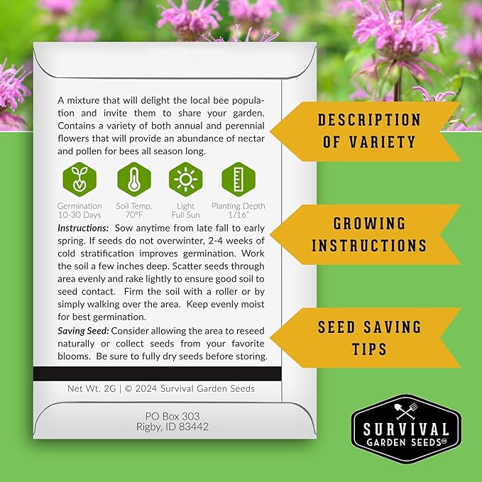 5 Packs Bee Pollinator Mix Seed for Planting - Packet with Instructions to Grow Annual & Perennial Flowers to Feed Bees in Your Home Garden - Non-GMO Heirloom Varieties - Survival Garden Seeds