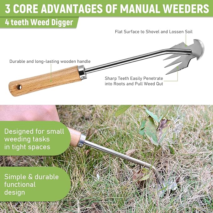 3 Pcs Set Weed Puller Tool,Hand Weeder Tool,4Teeth Uprooting Weeding Tool, Crack and Crevice Weeder, Gardening Weeding Artifact Tool
