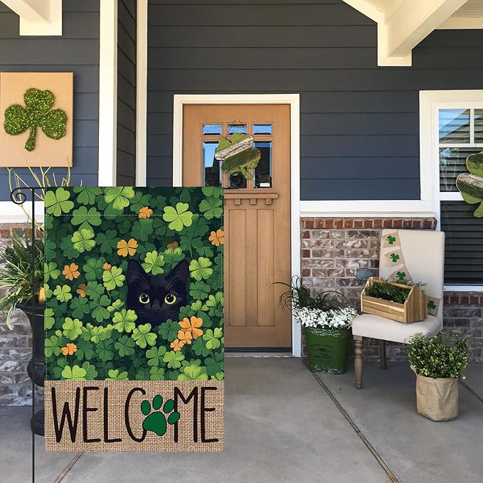 AVOIN colorlife St Patricks Day Garden Flag 12x18 Inch Double Sided Outside, Black Cat Welcome Shamrocks Holiday Yard Outdoor Flag
