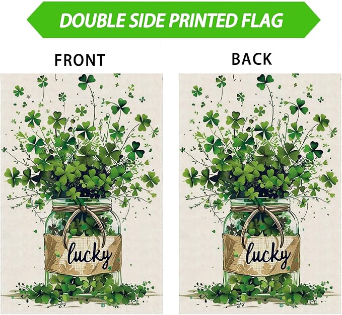 Lucky St. Patrick's Day Green Shamrocks Four-leaf Clovers Glass Bottle Garden Flag Yard Flag 12x18 Inch Double Sided Small Mini Yard Outdoor Outside Holiday Decoration