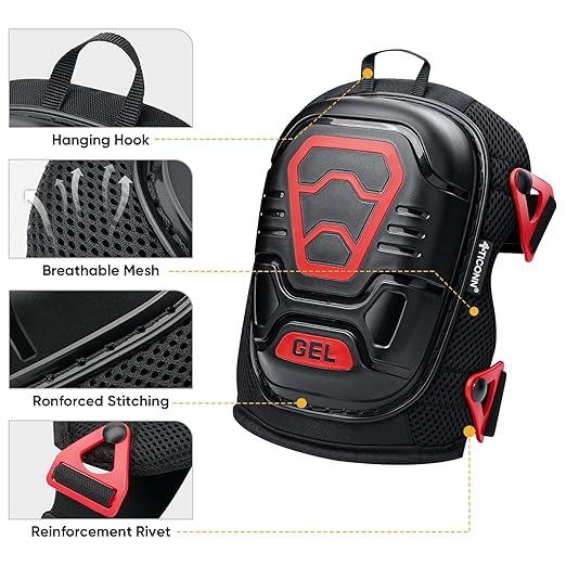 TICONN Gel Knee Pads for Work, Professional Heavy Duty Work Knee Pads for Men with Soft Foam and Gel Cushion for Men Construction, Garden, Flooring (Black/Red)