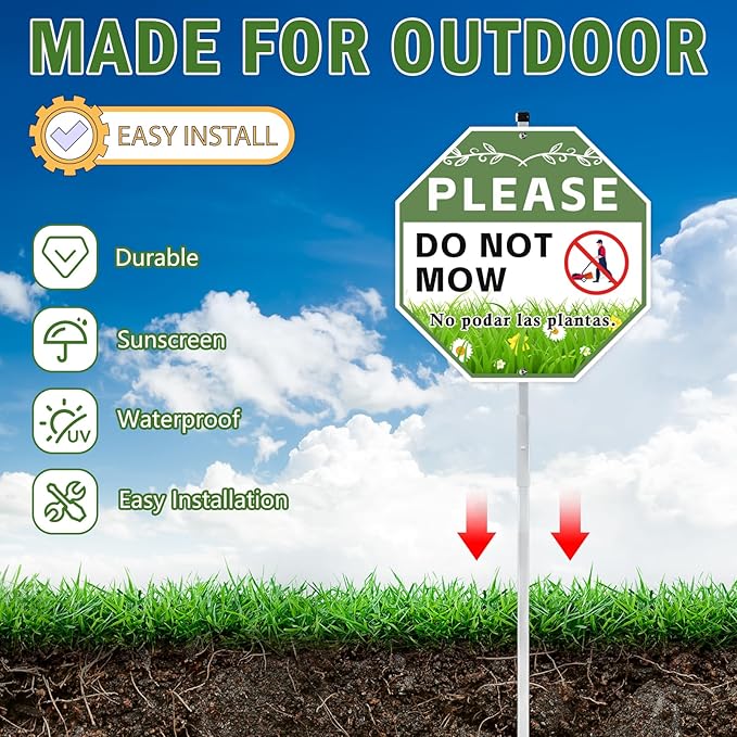 2 Pack 10" x 28" Do Not Mow Yard Signs with Stake and Accessories, Rust Free Aluminum Composite, Bilingual Garden Metal Signs for Outdoor Lawn