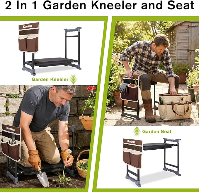 Garden Kneeler and Seat with Umbrella, 2-in-1 Foldable Gardening Stool with Adjustable Bracket, Detachable Tool Bags, Heavy Duty Kneeling Pad for Gardening (Brown)