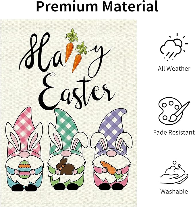 Easter Garden Flag 12x18 Inch - Cute Bunny Ear Gnome Trio with Egg & Carrot, Double-Sided "Happy Easter" Outdoor Decor for Patio Yard Easter Decorations