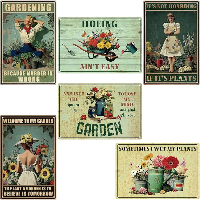 6 Pcs Funny Metal Garden Signs for Outside Garden Outdoor Decor 12 x 8 Inches Vintage Tin Signs Gardening Gifts for Women Christmas Gifts Wall Decoration Lover Greenhouse Backyard Room Decor