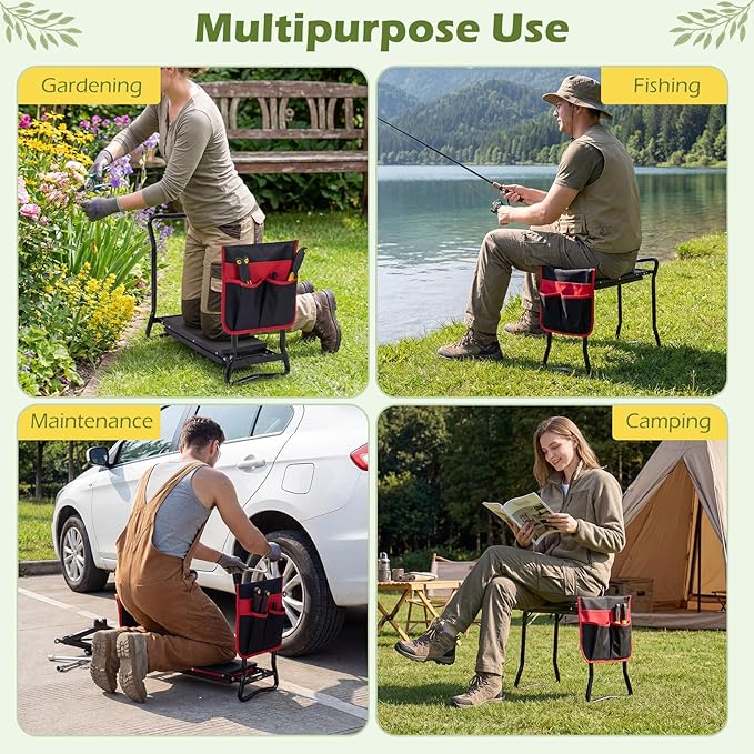 2-in-1 Garden Kneeler and Seat, Folding Garden Seat w/EVA Foam Kneeling Pad & Removable Tools Pouch, Sturdy Steel Frame, No Assembly, Portable Heavy Duty Garden Stool for Women Men Seniors