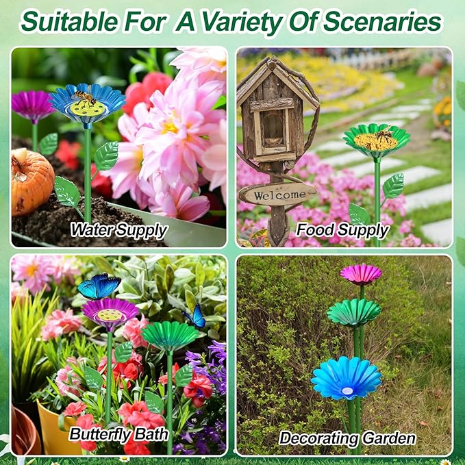 4 Pack Bee Watering Station for Garden with Floating Flowers Butterfly Bee Feeder for Outside Outdoors Metal Bee Water Bath Station Stakes Walkways for Bees Garden Thirsty Pollinators