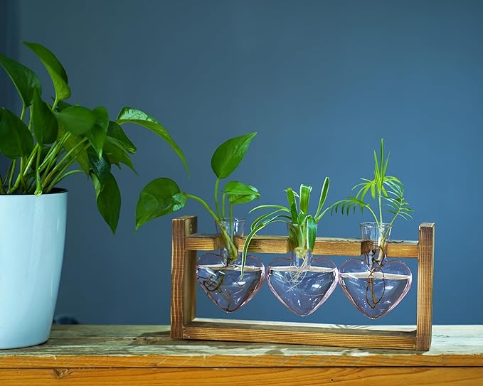 Kingbuy 3-Heart Plant Terrarium Kit - Stained Glass Vase Propagation Station with Vintage Wood Stand - Wall-Mounted & Tabletop Indoor Garden Decor for Home Kitchen Wedding Gift for Plant Lover, Pink