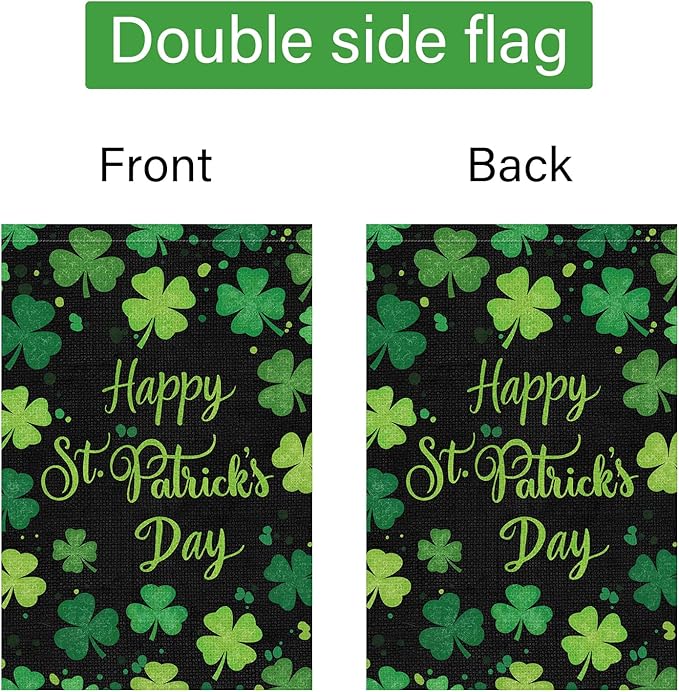 Louise Maelys Happy St Patrick's Day Garden Flag Clover Shamrock Welcome 12x18 Inch Double Sided Small Burlap Spring Holiday Yard Outdoor Outside House Decor