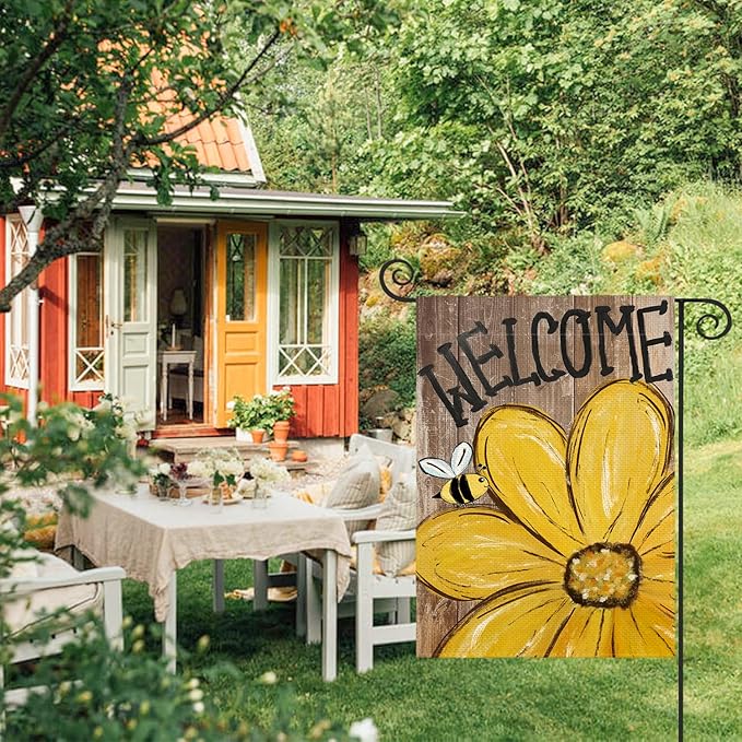 AVOIN colorlife Bee Sunflower Spring Summer Garden Flag 12x18 Inch Double Sided Outside, Welcome Wood Grain Yard Outdoor Flag
