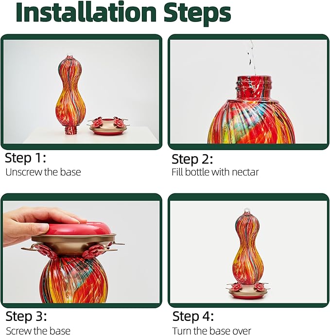 Hummingbird Feeder for Outdoors Hanging, Hand Blown Glass 24 OZ Capacity Hummingbird Bird Nectar Feeders with 4 Feeding Ports, Gifts for Women Mom Outside Garden Backyard Decor (Yellow-Green)