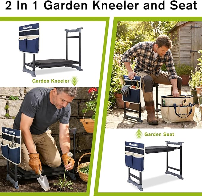 Garden Kneeler and Seat with Umbrella, 2-in-1 Foldable Gardening Stool with Adjustable Bracket, Detachable Tool Bags, Heavy Duty Kneeling Pad for Gardening (Beige Blue)