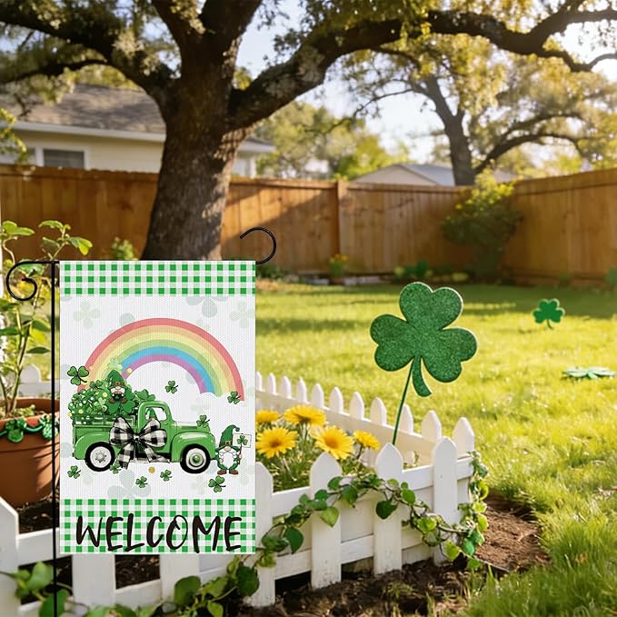 St Patrick's Day Garden Flag, 12x18 Inch Lucky Clovers Bow Double Sided Flag for Courtyard Decoration, St Patrick's Day Cute Truck Gnome Outside Banner Party Decorations for Home