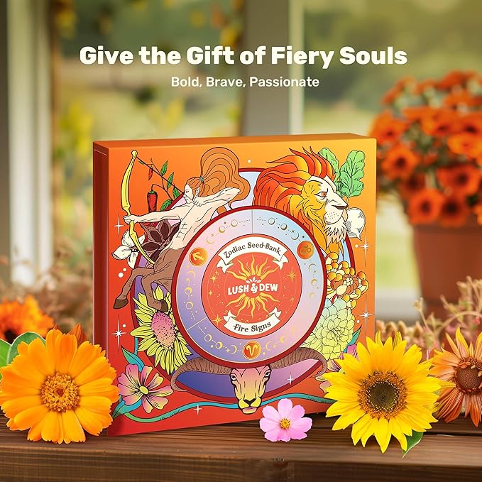 Lush&Dew Zodiac Garden Seed Bank, Gardening Gifts for Women Men, 12 Varieties Non-GMO Heirloom Vegetables Flower Seeds, Witchcraft Supplies with Moon Calendar for Fire Signs, USDA Zone 3-11