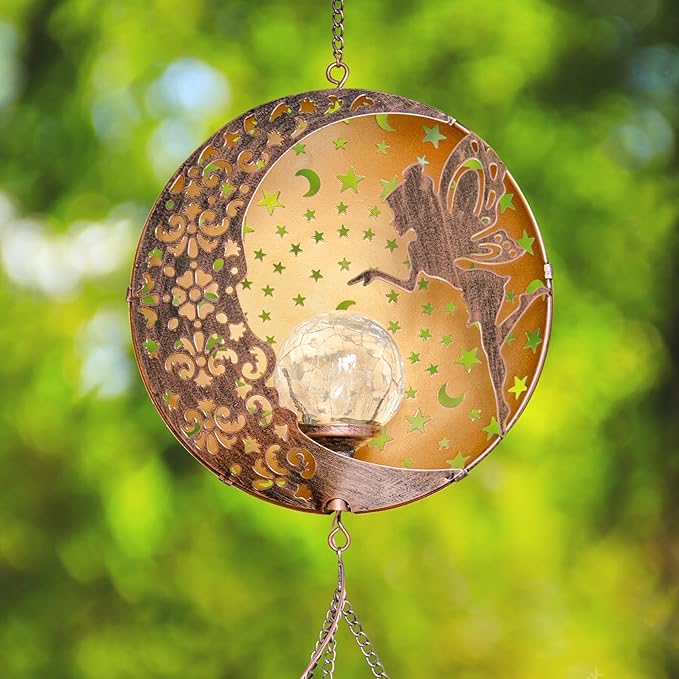 Tryme Wind Chimes Outdoor Fairy Hanging Solar Lights with 4 Aluminum Tubes, Moon Yard Decorations for Patio, Porch, Deck, Perfect Gardening Gifts for Women