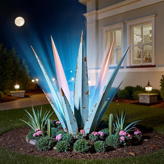 24” Large Solar Metal Agave Plants Outdoor Decor, Tequila Rustic Sculpture Outdoor Statues, Garden Sculpture for Patio Path Courtyard and Lawn (Vintage Blue-Solar Light)