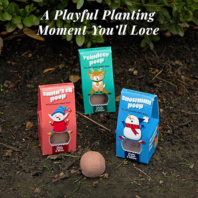 Modern Sprout Wildflower Seed Ball Poop - Easter Basket Essentials - Non-GMO Hand-Rolled Clay Seed Bombs with Wildflower Seeds - Gardening Gift Set for Kids & Adults - (Jingle Plop - Pack of 3)