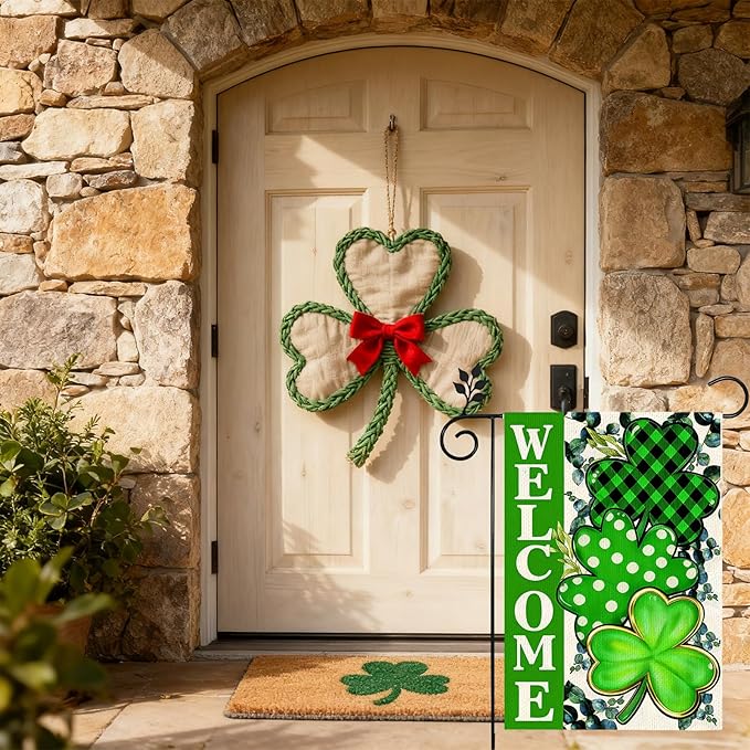 St Patricks Day Welcome Garden Flag 12x18 Inch Vertical Double Sided Outside Green Clovers Decoration Burlap Holiday Yard Flag