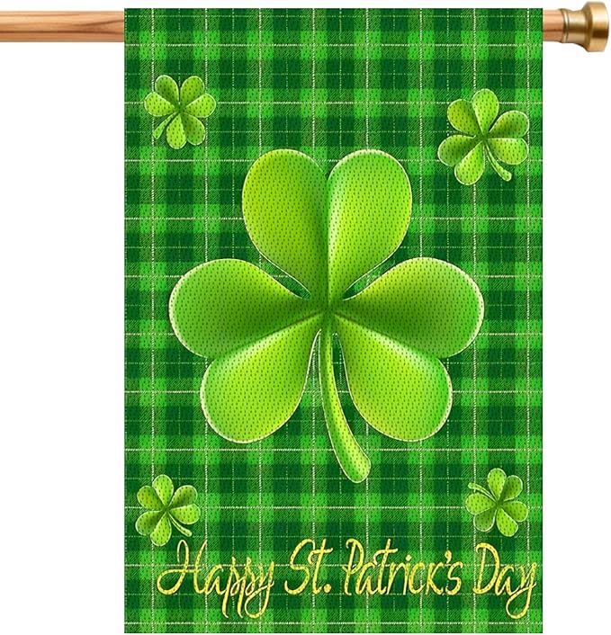 Happy St Patricks Day Flag Double Sided Garden Flag 18 X 12 Inch With Shamrock Buffalo Check Plaid Rustic Burlap Yard Sign Green Banners For Irish Holiday Outside Lawn Decoration Decorations
