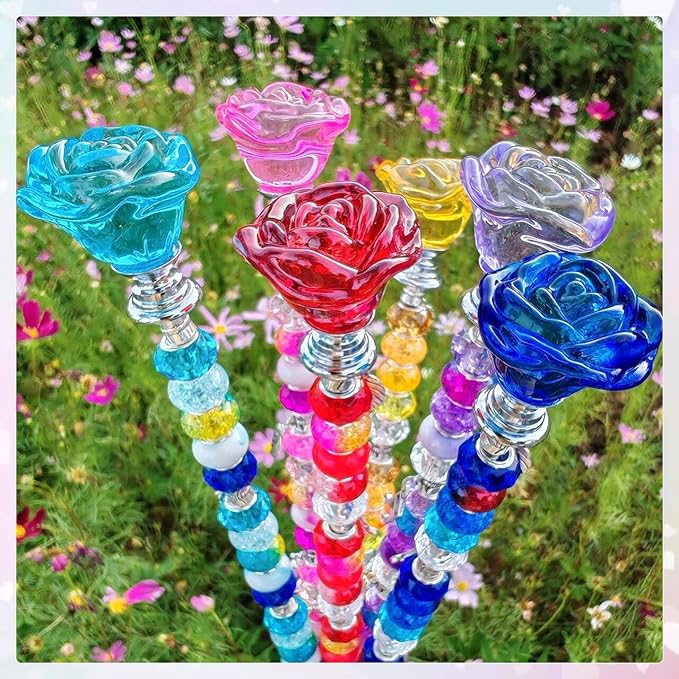 140Pcs DIY Fairy Wand Beaded Garden Stakes Kit Fairy Wands Kit for Different Festivals Fairy Garden Accessories Outdoor Fairy Garden Stakes Decorative (Rose)