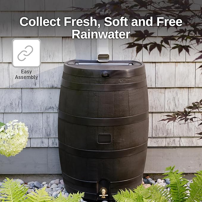 RTS Home Accents 50-Gallon Rain Barrel, Flat Back Rain Water Collection Barrel, Stand Included, Walnut Color