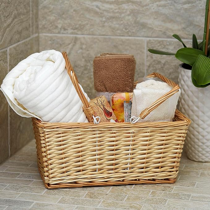 Household Essentials Woven Market Basket, Handwoven Willow Weave, Stylish Handles with Durable Metal Anchors, Classic and Versatile, Attractive, Spacious, Lightweight, Natural
