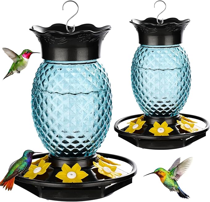 Glass Hummingbird Feeders for Outdoors Hanging Ant and Bee Proof 16OZ 2 Pack Blue Pineapple Humming Bird Feeder with 6 Feeding Ports and Ant Moat Hummingbird Gifts for Women Garden Decor