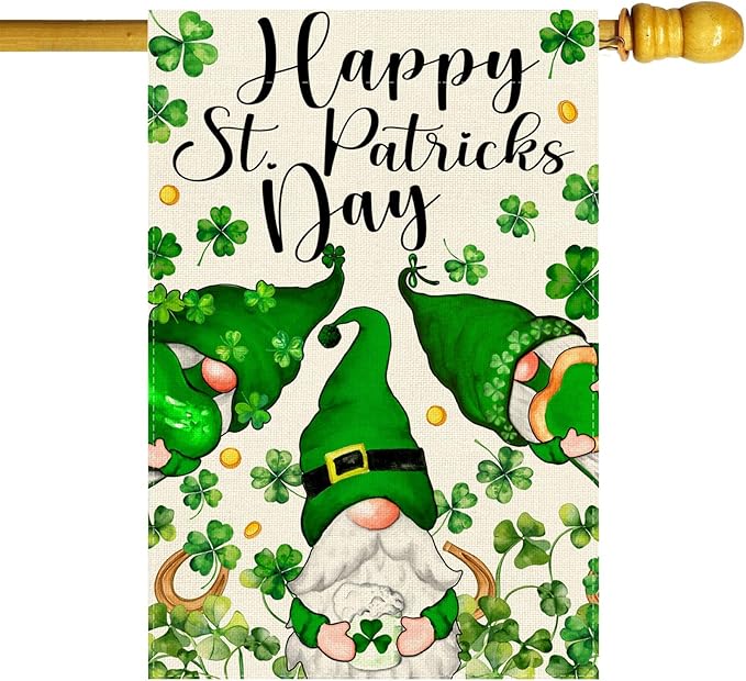 Gnomes Green Shamrocks Clovers St. Patrick's Day House Flag Large 28X40 Inch Big Vertical Double Sided Yard Outdoor Outside Holiday Decoration