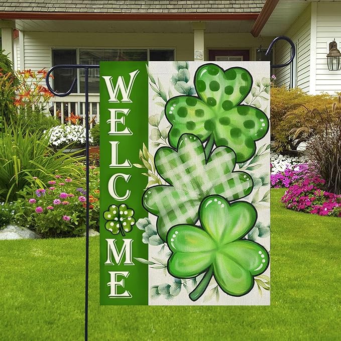 Welcome St Patricks Day Shamrock Garden Flags 12x18- Small Lucky Shamrock Garden Flag Double Sided Banner for Holiday Yard Outside
