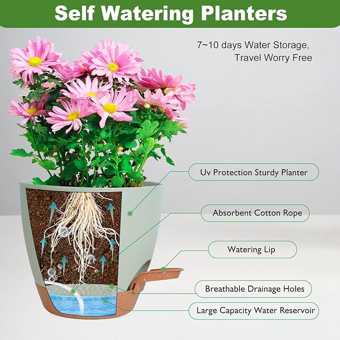 Planters for Indoor Plants, 8/7/6.5/6/5.5/5 Inch Self Watering Planters with Drainage Hole, Plastic Planters Flower Pots for Indoor Outdoor Plants (Green)