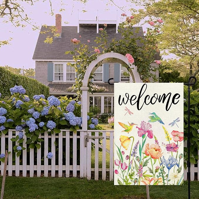 Spring Summer Garden Flag 12x18 Inch, Double Sided Colorful Flowers Birds Dragonflies Flag, Seasonal Yard Outdoor Decoration