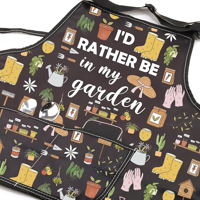 JXGZSO Gardening Apron with Pockets I'd Rather Be In My Garden Apron for Gardener Florist Plant Lover Gift for Grandma Mom