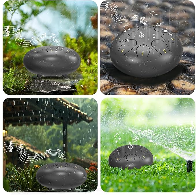 Rain Drum for Outside Garden, 6 Inches 8 Notes Steel Tongue Chakra Drums, Waterproof Echo Rain Chime Meditation Drums, Musical Instruments for Adult Gift with Bag, Music Book, Drum Mallets (Black)