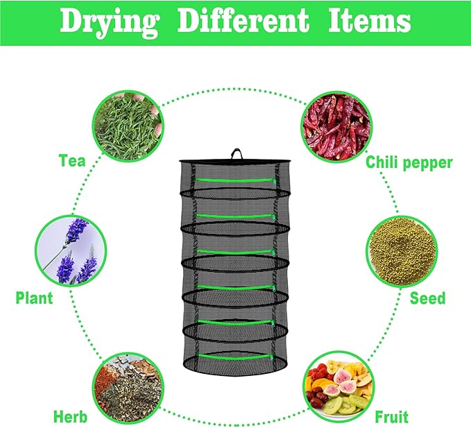 6 Tier Mesh Zippered Herb Drying Rack Hanging with Hook, Outdoor Foldable Drying Tents for Plants, Seeds