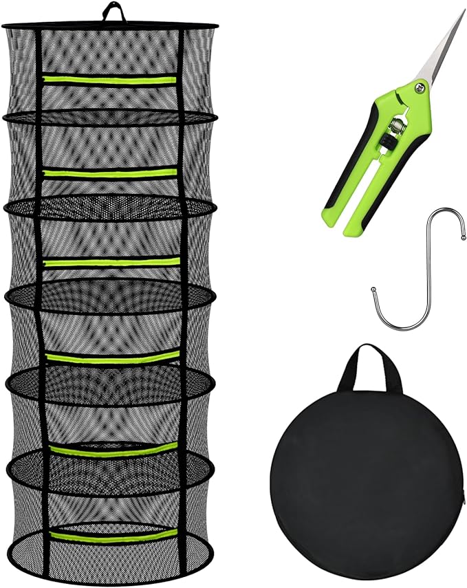 Herb Drying Rack with Mesh Design, Hanging Drying Rack with Green Zipper & Garden Pruning Shears – Versatile Plant Drying Solution (6 Layers)
