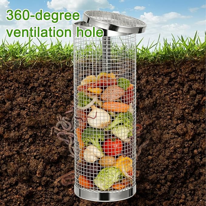 3PCS Inground Worm Composting Bin Reduce Food Waste and Increase Soil Fertility Stainless Steel Worm Farm Composter with Holes and Lid