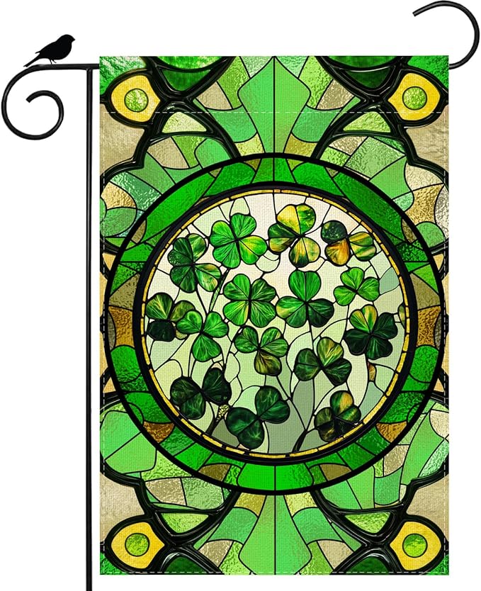 Green Shamrocks Clovers Stained Glass St. Patrick's Day Garden Flag 12x18 Inch Double Sided Small Mini Yard Flag Outdoor Outside Holiday Party Decoration