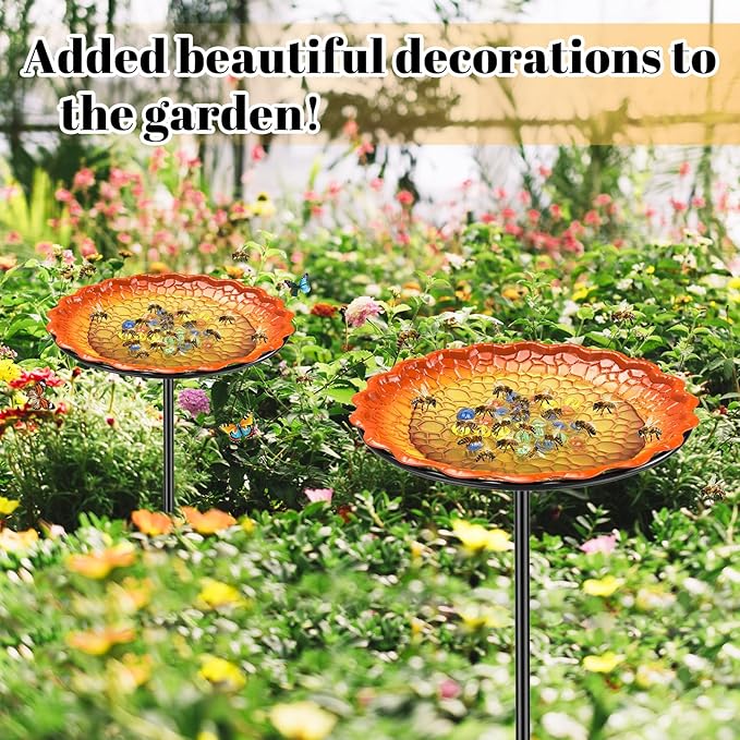 Bee Butterflies Watering Station, Standing Bee Feeder with Glass Marbles for Outside, Bee Bath Feeder with Metal Stakes Butterfly Puddler Garden Yard Déco (Yellow)
