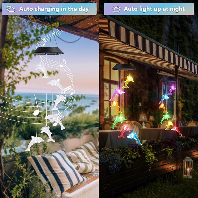 Solar Dolphin Gift for Mom Grandma Girls, Color Changing Wind Chimes for Outside, Solar Outdoor Decorative Mobile Lights for Garden, Yard, Patio, Window, Party, Christmas Decorations