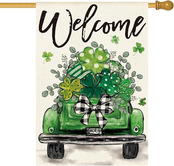 AVOIN colorlife St Patricks Day Truck House Flag 28x40 Inch Double Sided Outside, Lucky Shamrocks Clovers Welcome Yard Outdoor Decoration