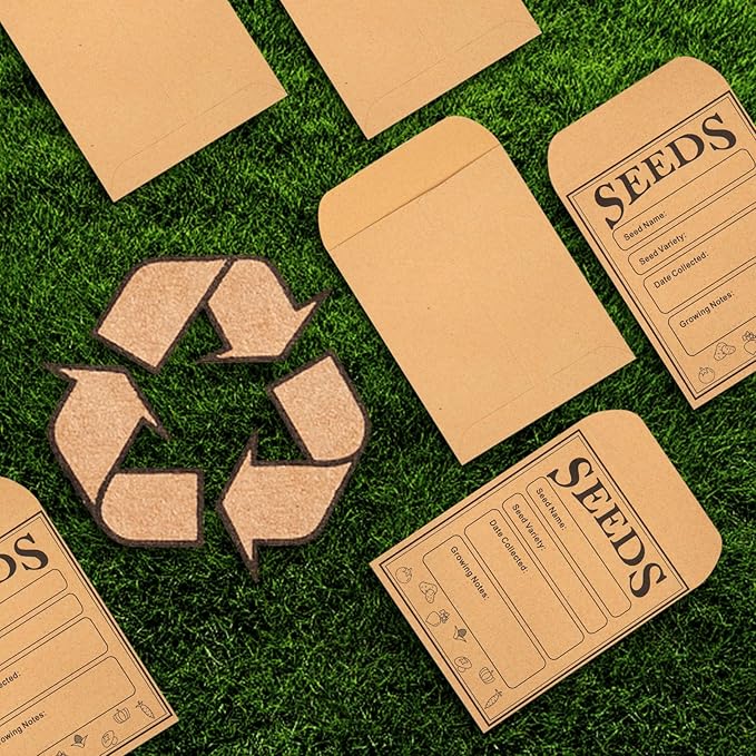 150pcs Seed Saving Envelopes, 4.7x3.1 Inch Reusable Seed Kraft Storage Organizer Packets Envelopes Printed with Types Name Template for Flower Vegetable Plants Garden Seeds Saving & Collecting