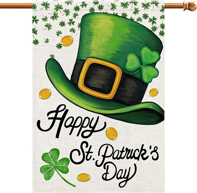 Happy St Patricks Day House Flag Burlap 28x40 Double Sided, Green Hat Shamrocks Lucky Clover Holiday Party Sign Large Flags Yard Outdoor Decorations DF660-28